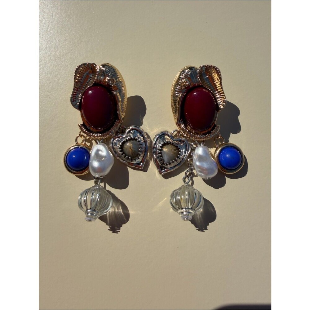 Zara Gold-Tone Earrings with Red Cabochons, Blue Accents and Pearl Drops